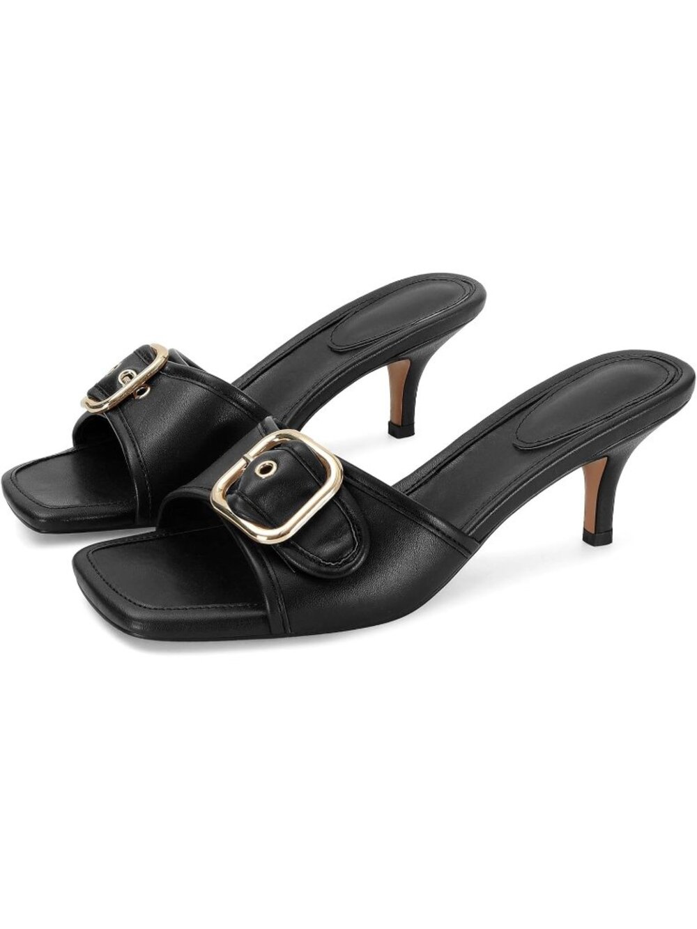Women's Black Leather Square-Toe Kitten Stiletto Heel Buckle Accent Mule Sandal